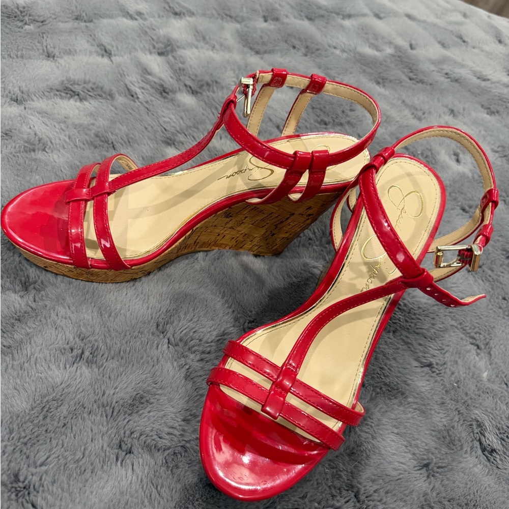 Jessica Simpson Red Patent Cork Wedge Sandals
